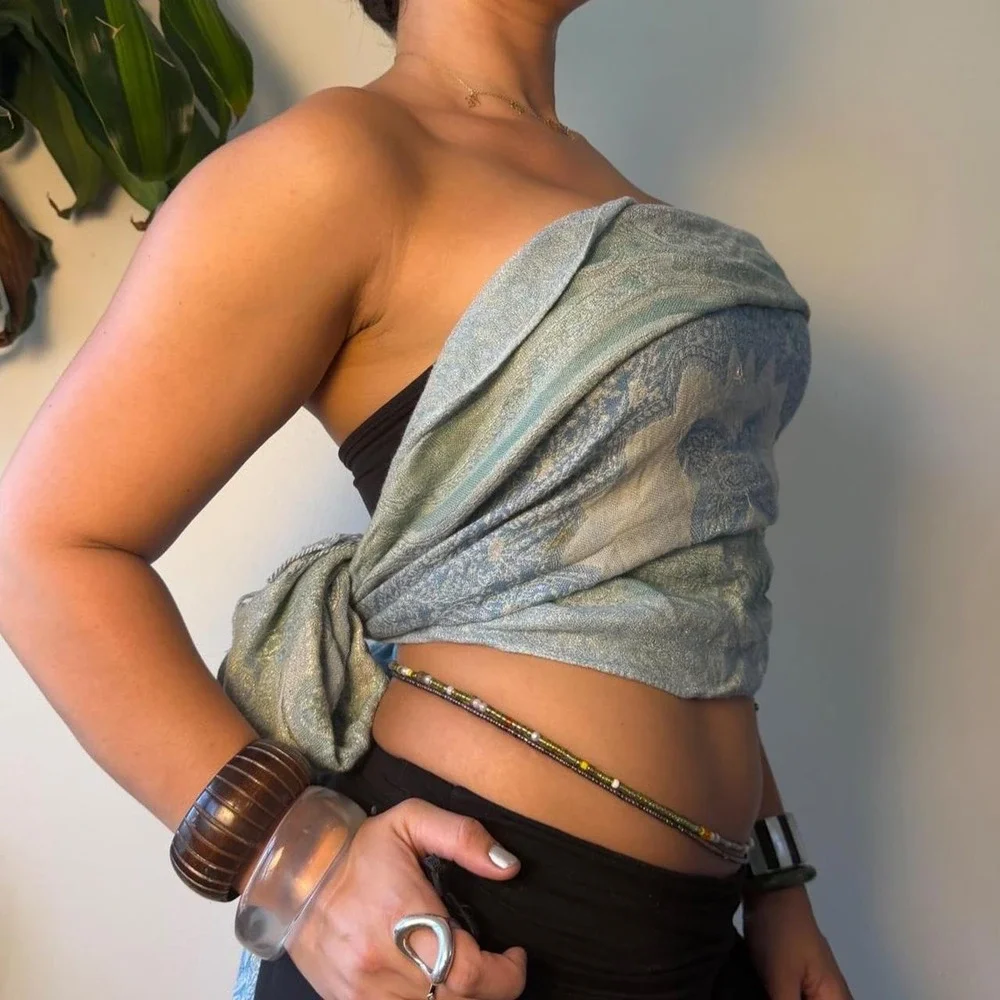 Boho Teal Aqua Paisley Pashmina Scarf Festival Mermaidcore Fringe Wrap